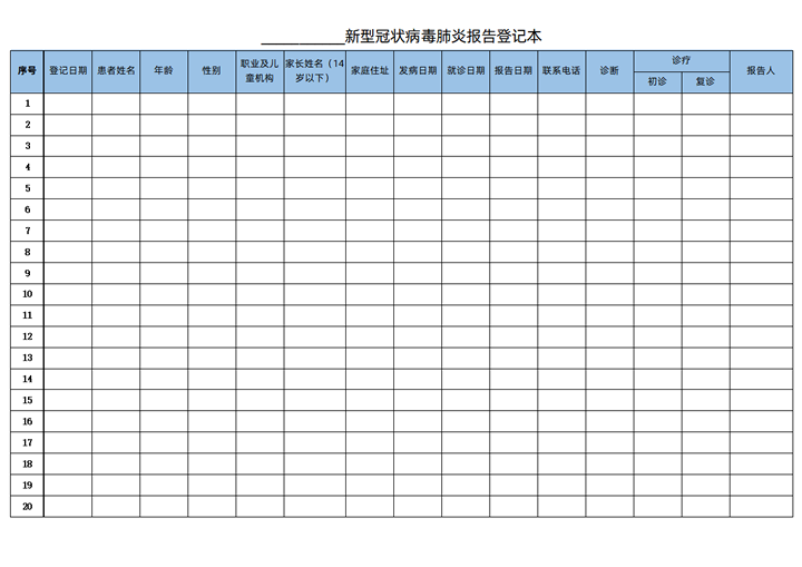 excel模板-新型冠状病毒肺炎报告登记本