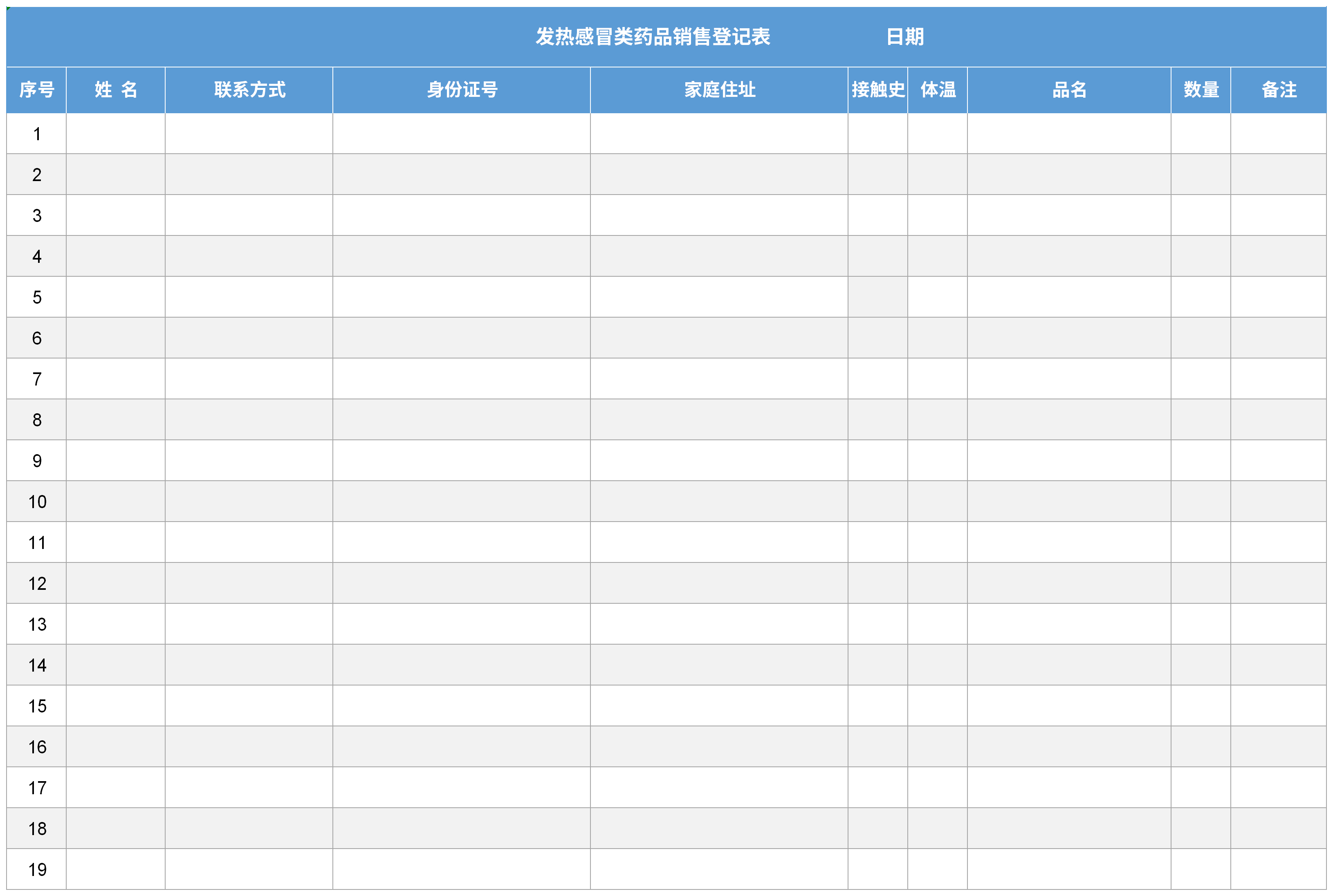 excel模板-发热感冒类药品销售登记表