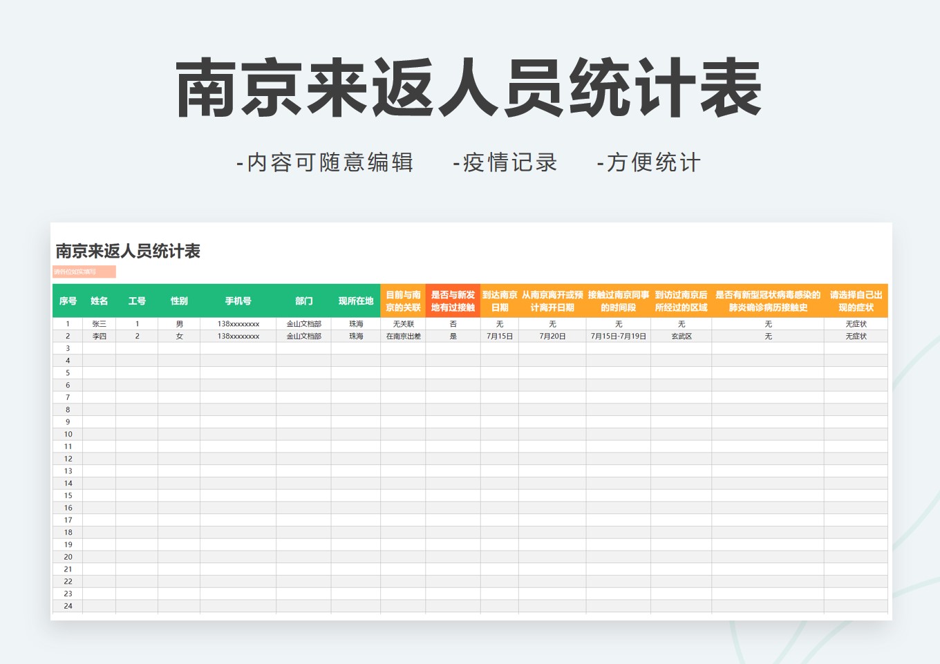 excel模板-南京来返人员统计表