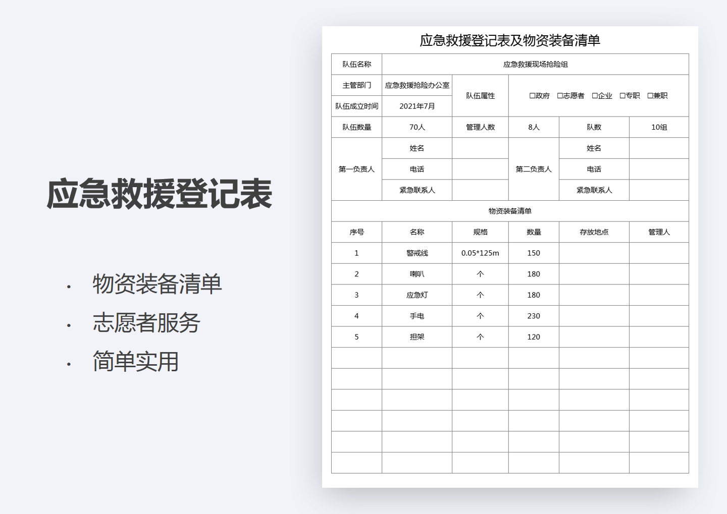 excel模板-应急救援登记表及物资装备清单