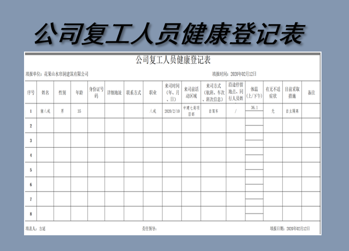 excel模板-公司复工人员健康登记表
