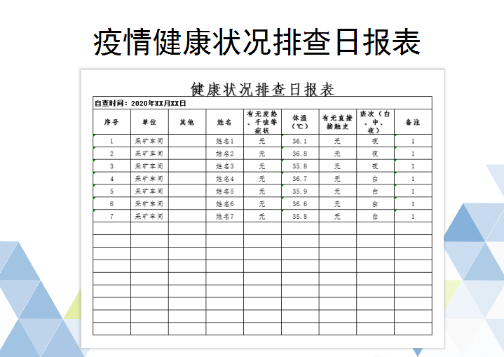 excel模板-疫情健康状况排查日报表