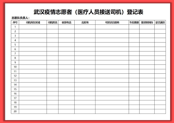 excel模板-武汉疫情志愿者（医疗人员接送司