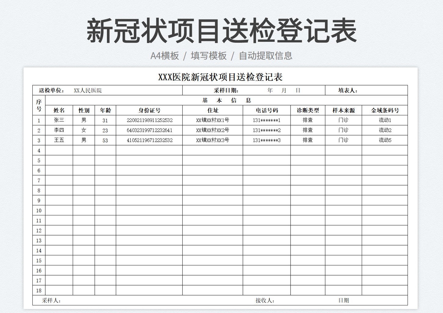excel模板-新冠状项目送检登记表