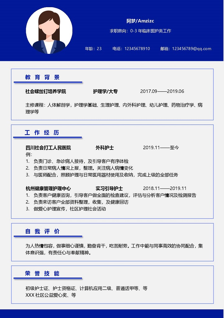 word模板-经典蓝色护士护理0-3年经验简历