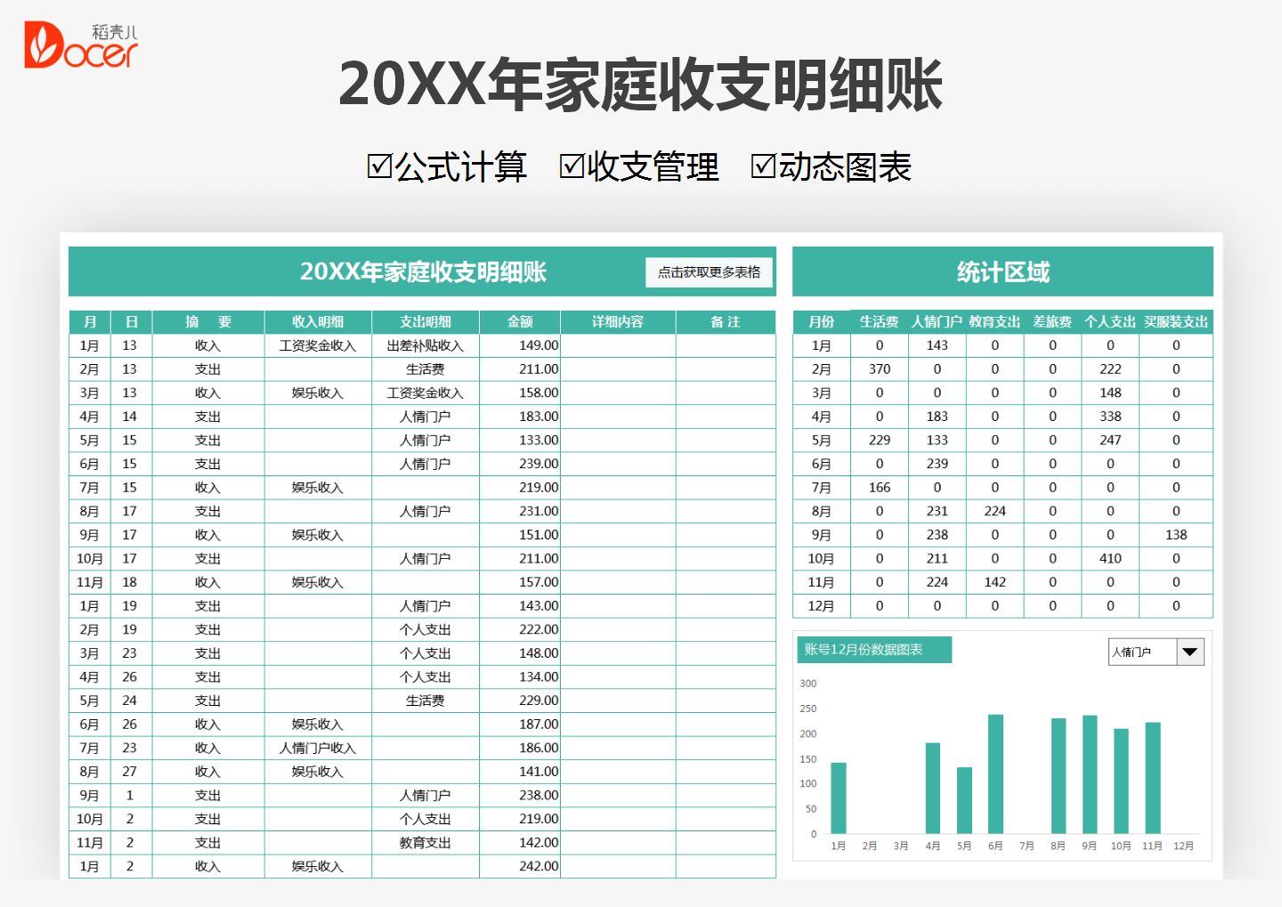 excel模板-20XX年家庭收支明细账