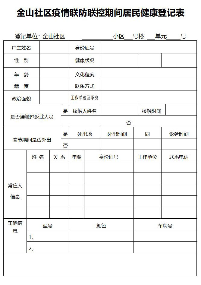word模板-疫情防控期间 居民健康登记表