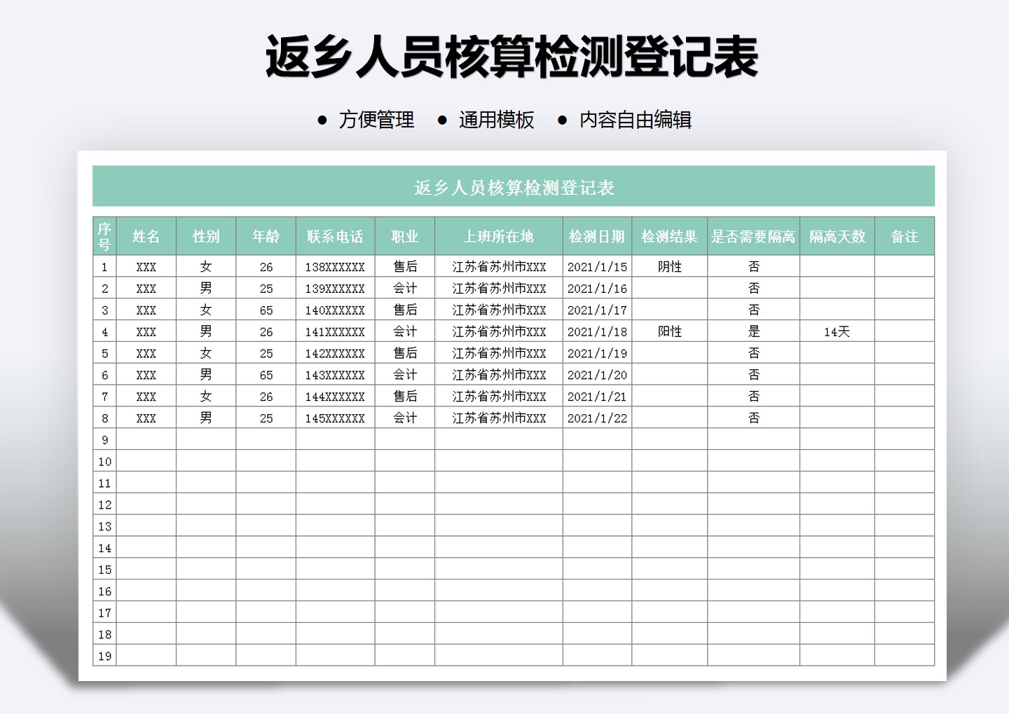 excel模板-返乡人员核算检测登记表