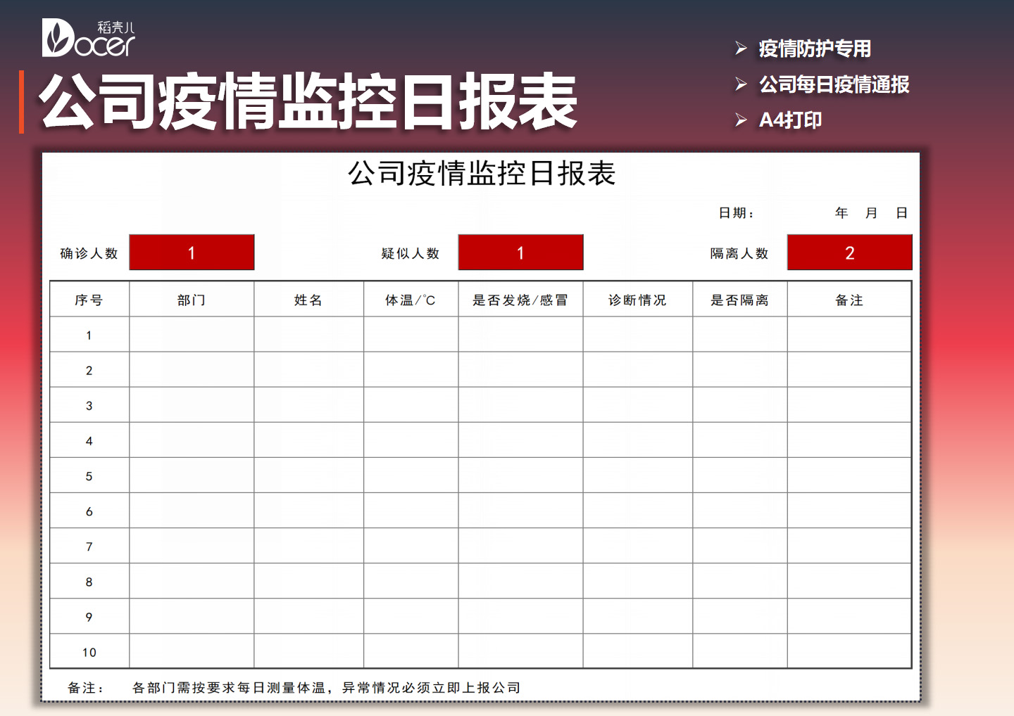 excel模板-公司疫情监控日报表
